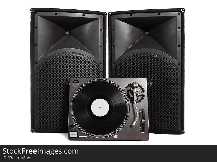 Professional vinyl record player with two large speakers on white background. Professional vinyl record player with two large speakers on white background