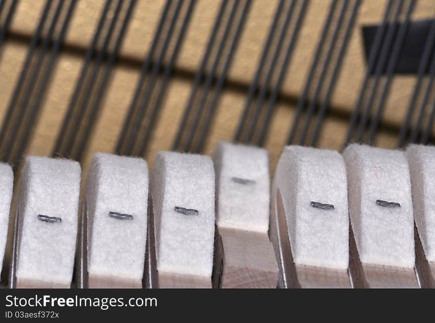 Felted piano hammers on strings in closeup