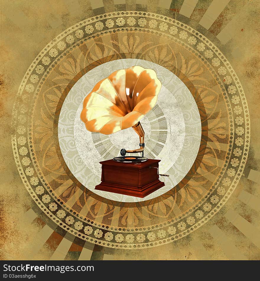 Gold Gramophone Over Vintage Background