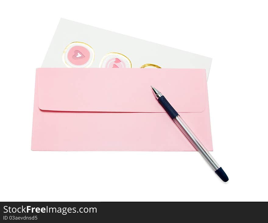 Pink empty envelope and greeting card isolated on white background.