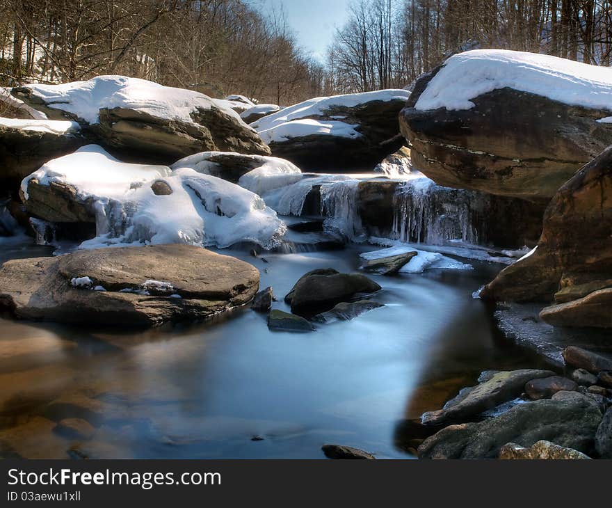 Mountain river rapids in winter