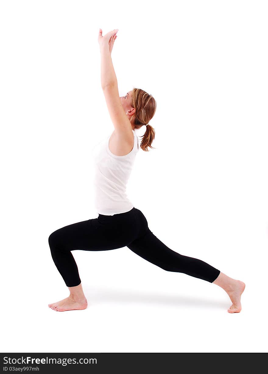 Beautiful girl practicing yoga on white background