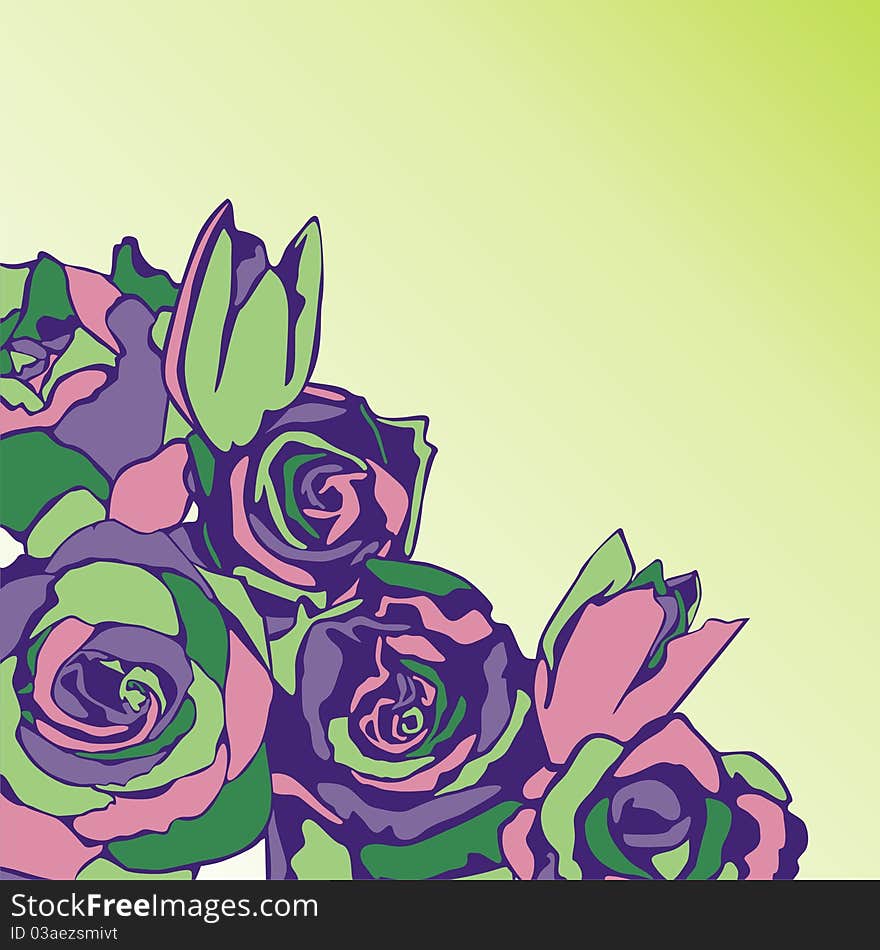 Vector postcard consist of flowers on green background. Vector illustration. Vector postcard consist of flowers on green background. Vector illustration