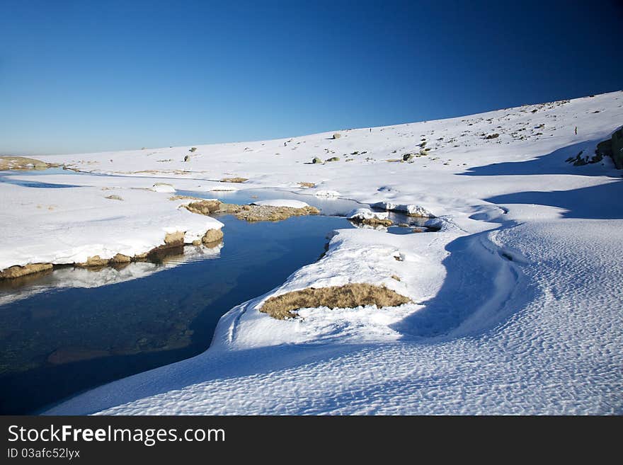 Curve river at snow mountain