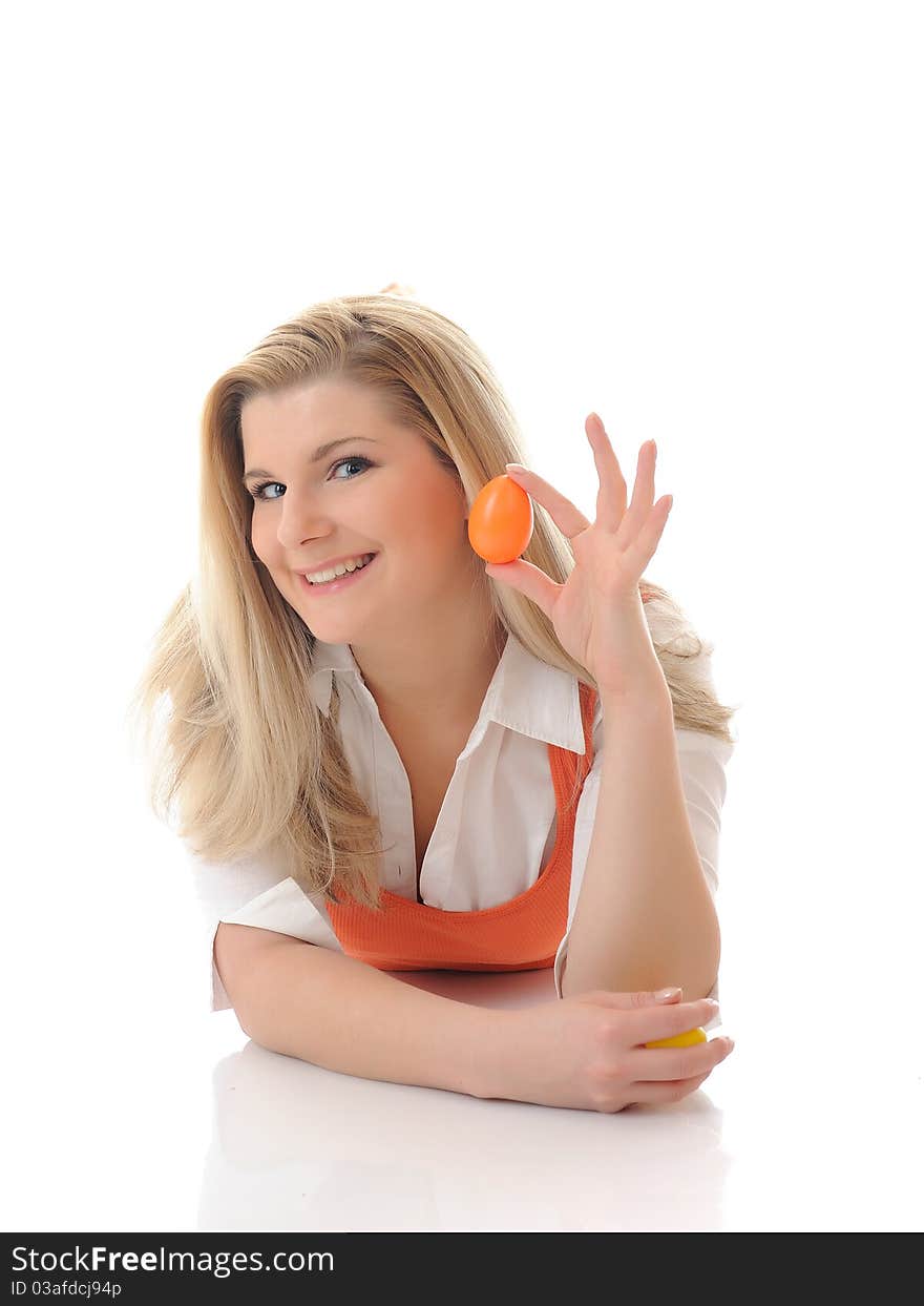 Pretty woman holding easter egg. white background