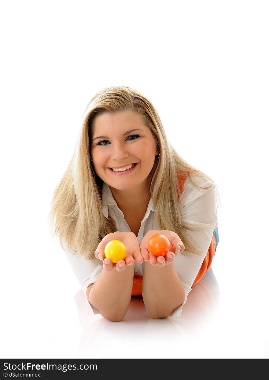 Pretty woman holding easter egg. white background