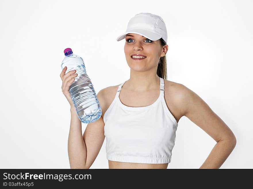 Training woman with bottle of water