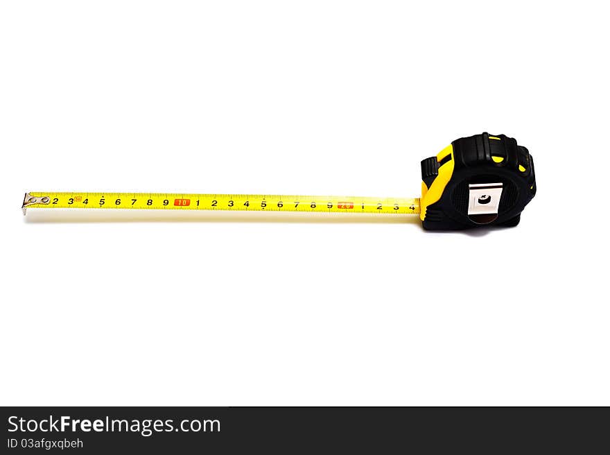 Extended retractable tape measurer on a white background. Extended retractable tape measurer on a white background