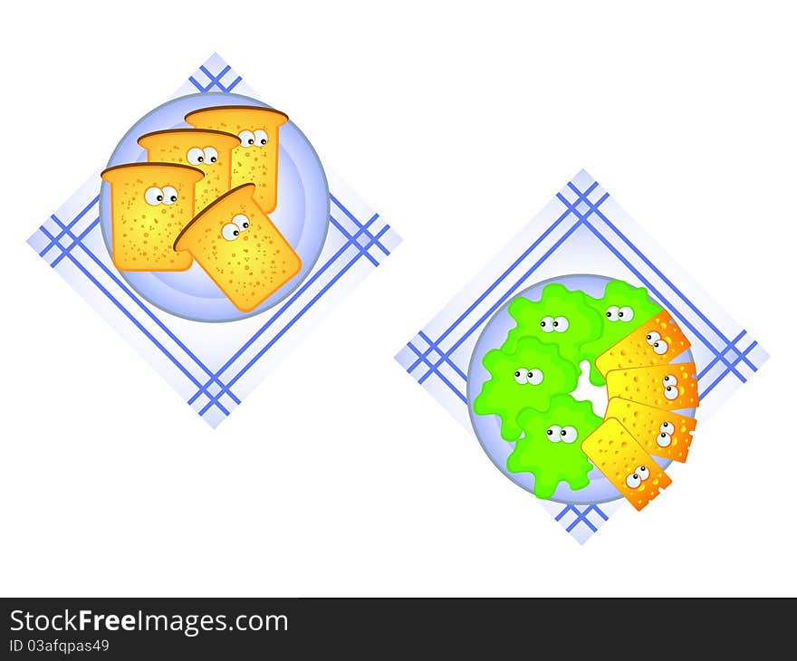 Ingredients for a sandwich. Vector isolated figure. Funny cartoon characters.