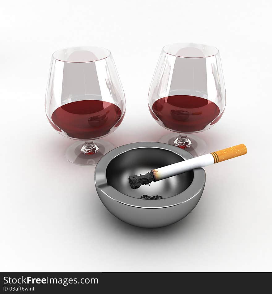 Ashtray with a cigarette and a glass of wine