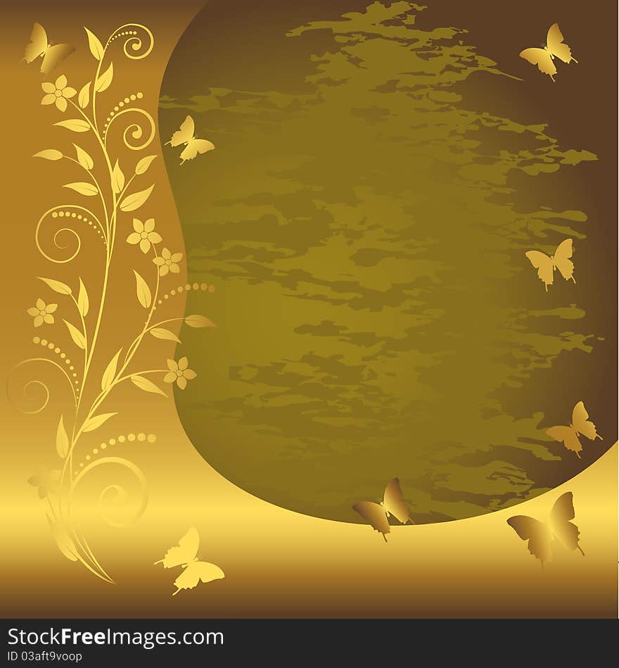 Grunge floral background with gold banner and butterflies. Grunge floral background with gold banner and butterflies.