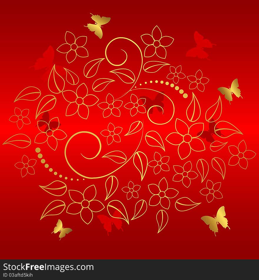 Red background with gold floral and butterflies. Red background with gold floral and butterflies.