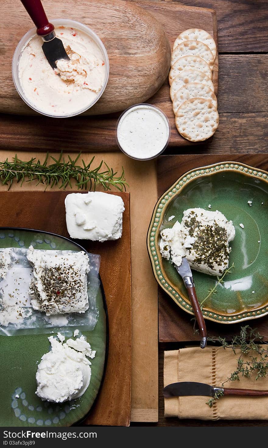 Overhead shot of various cheese and crackers