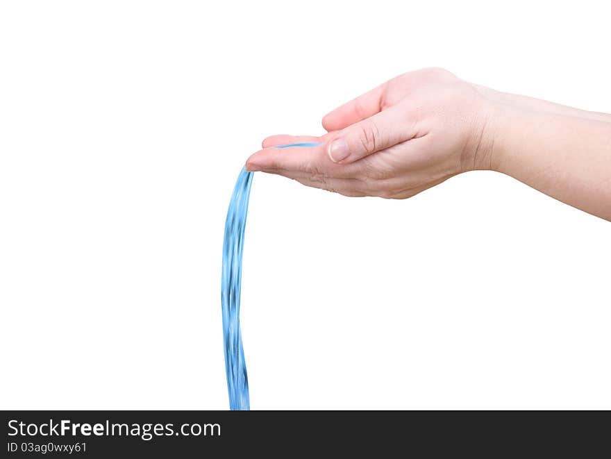 Water in palms on a white background