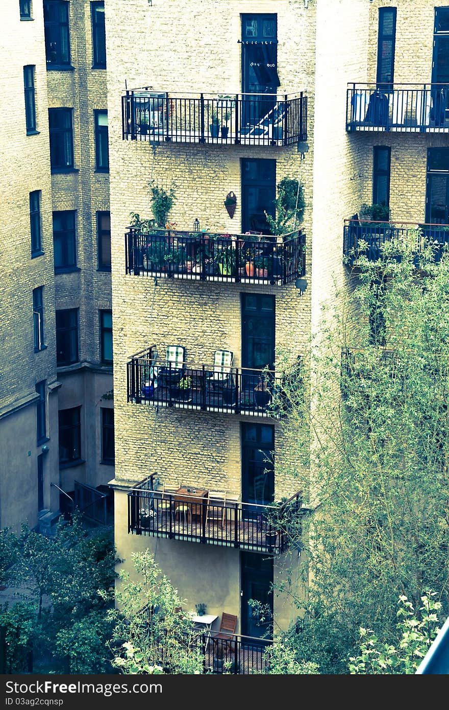 Side of a house with five balconys