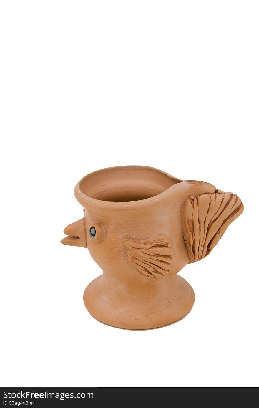 Bird form vase made of clay isolated on a white background.