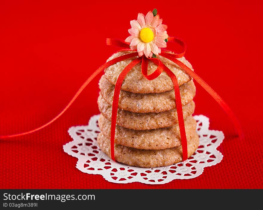 Ginger Cookies Tied With Red Ribbon