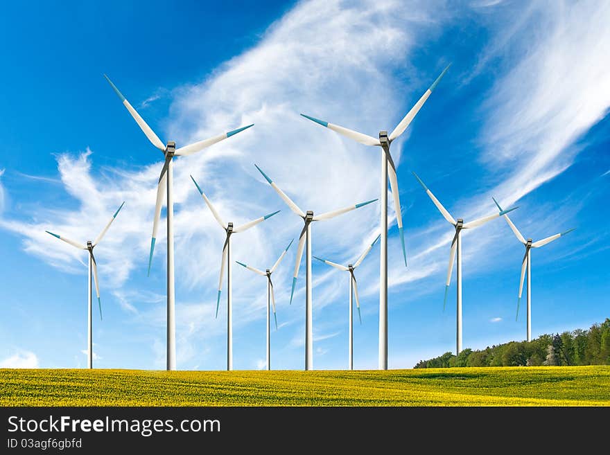 Wind farm. Modern windmills or wind turbines in the countryside. Wind farm. Modern windmills or wind turbines in the countryside