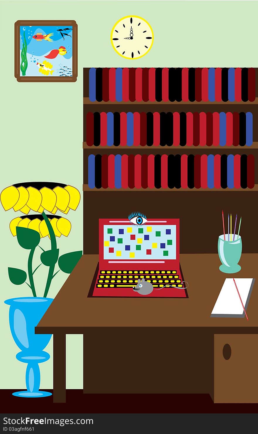 Room with catoon laptop, table, flower. Illustration