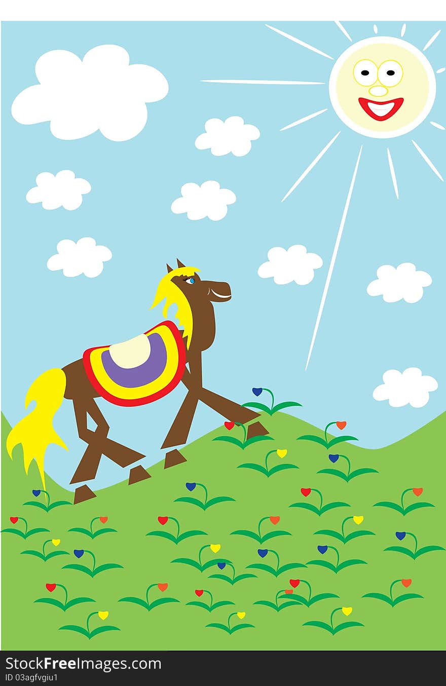 The horse walks on a green grass. illustration.