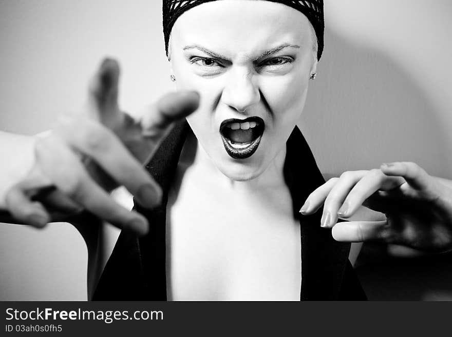 Close up of beautiful woman in black white style