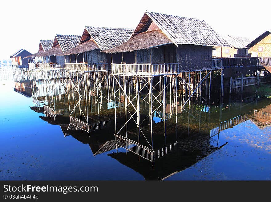 Landscape of wooden houses built in water in Myanmar. Landscape of wooden houses built in water in Myanmar