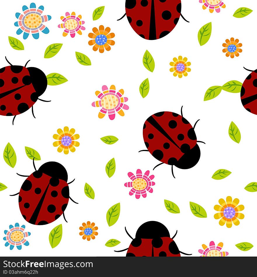 Seamless Background With Flowers And Ladybirds