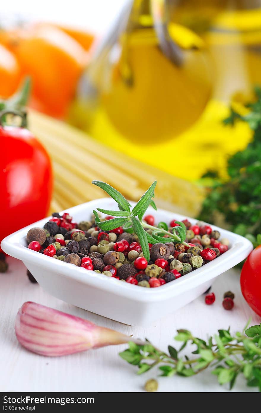 Pepper, rosemary, garlic and olive oil