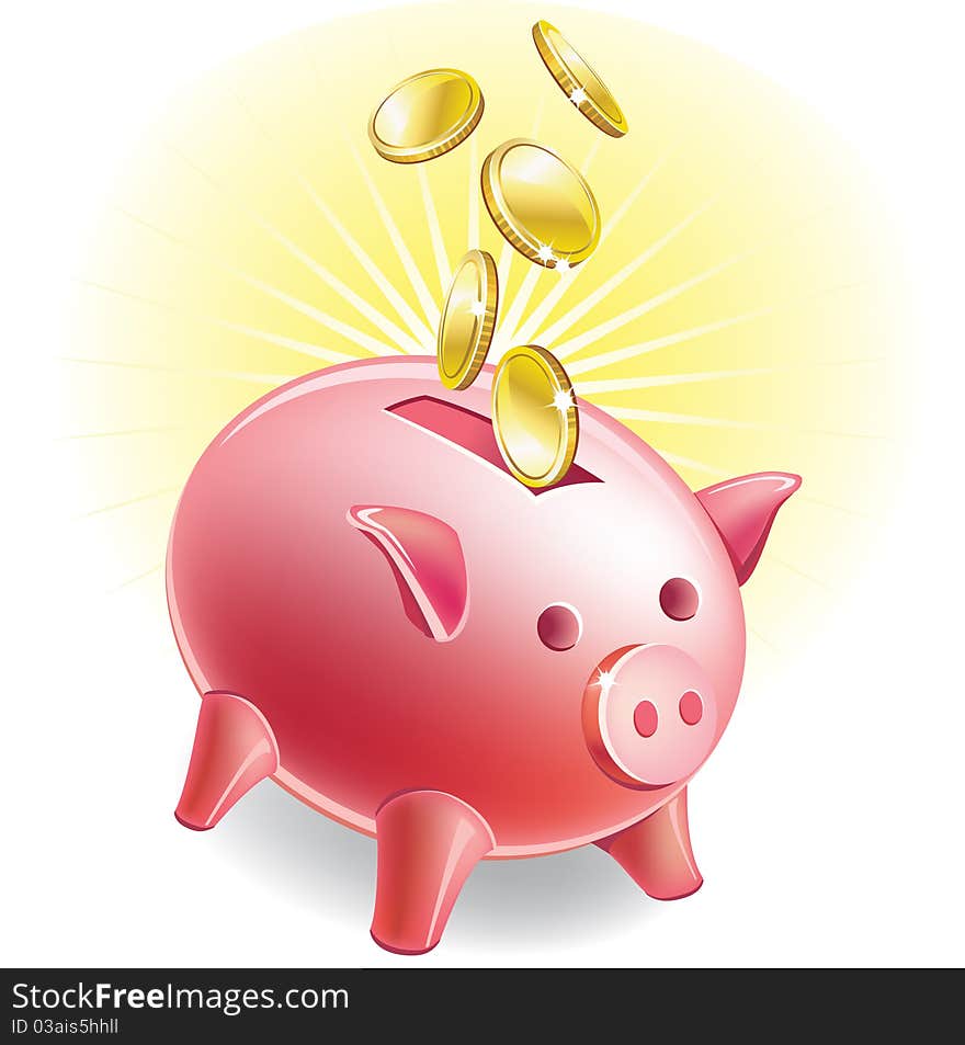 Pink piggy bank with coins falling into it