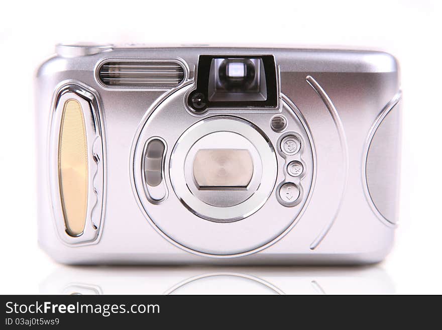 Silver camera on a white background.