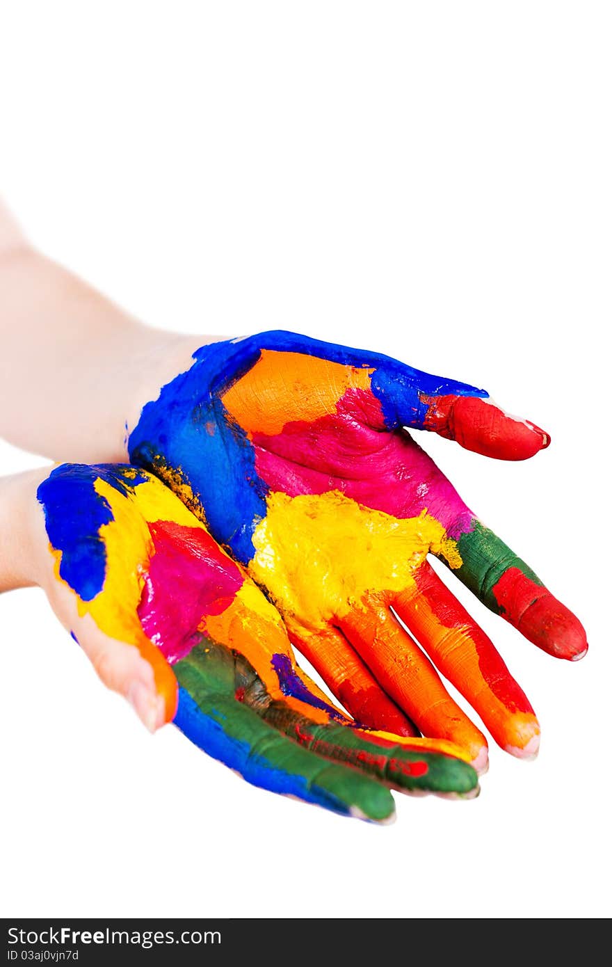 Painted hands on a white background