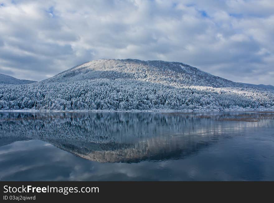 Clouds and mountain reflection in the cold lake. Clouds and mountain reflection in the cold lake.