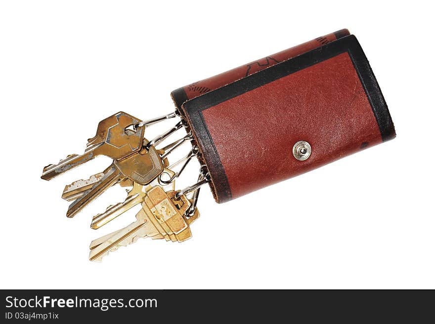 Leather Key Pouch With Keys Isolated On White Background