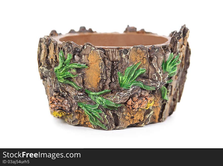 Brown flowerpot, shape like conifer with pines, isolated