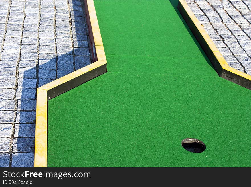 Mini golf ready to play. Outdoors scene. Mini golf ready to play. Outdoors scene