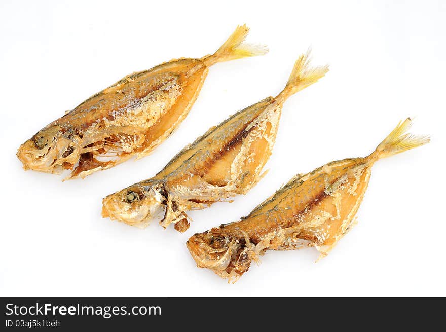 Three Deep Fried Fishes Isolated On White Background