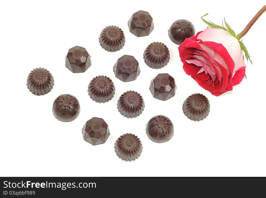 Beautiful red rose and chocolate on white background