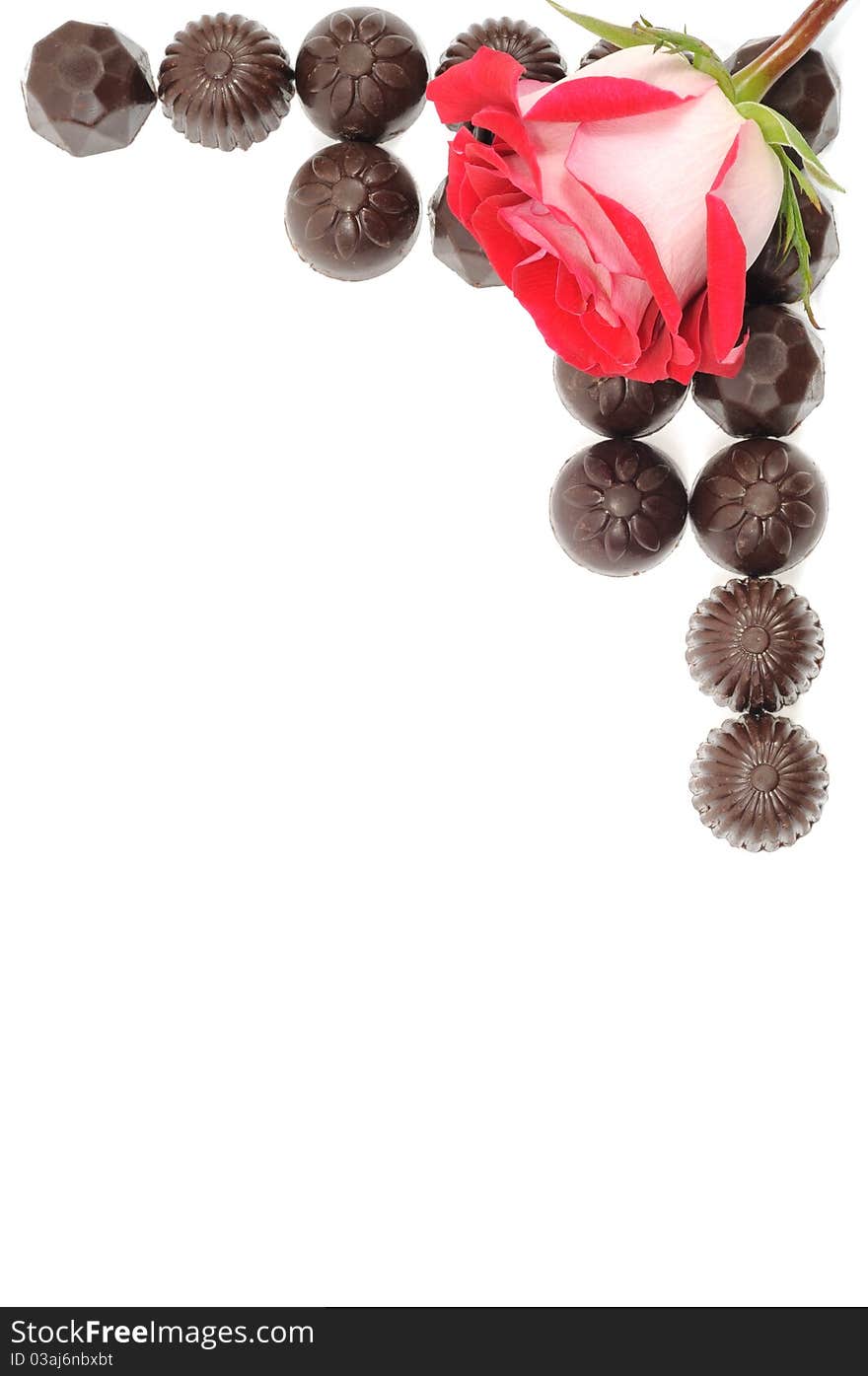 Beautiful red rose and chocolate frame on white background