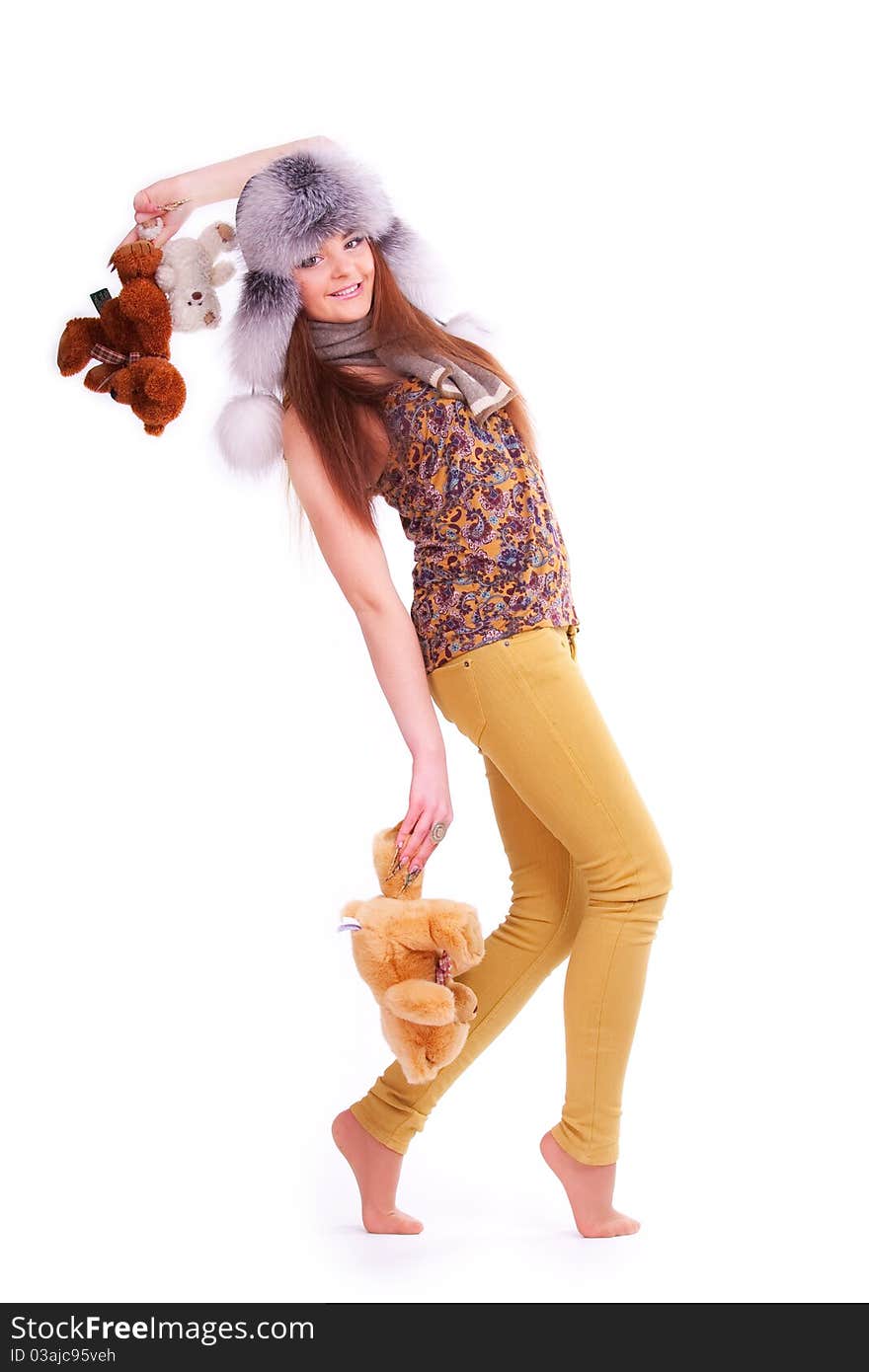 Beautiful longhair girl is holding the teddy bears. Beautiful longhair girl is holding the teddy bears