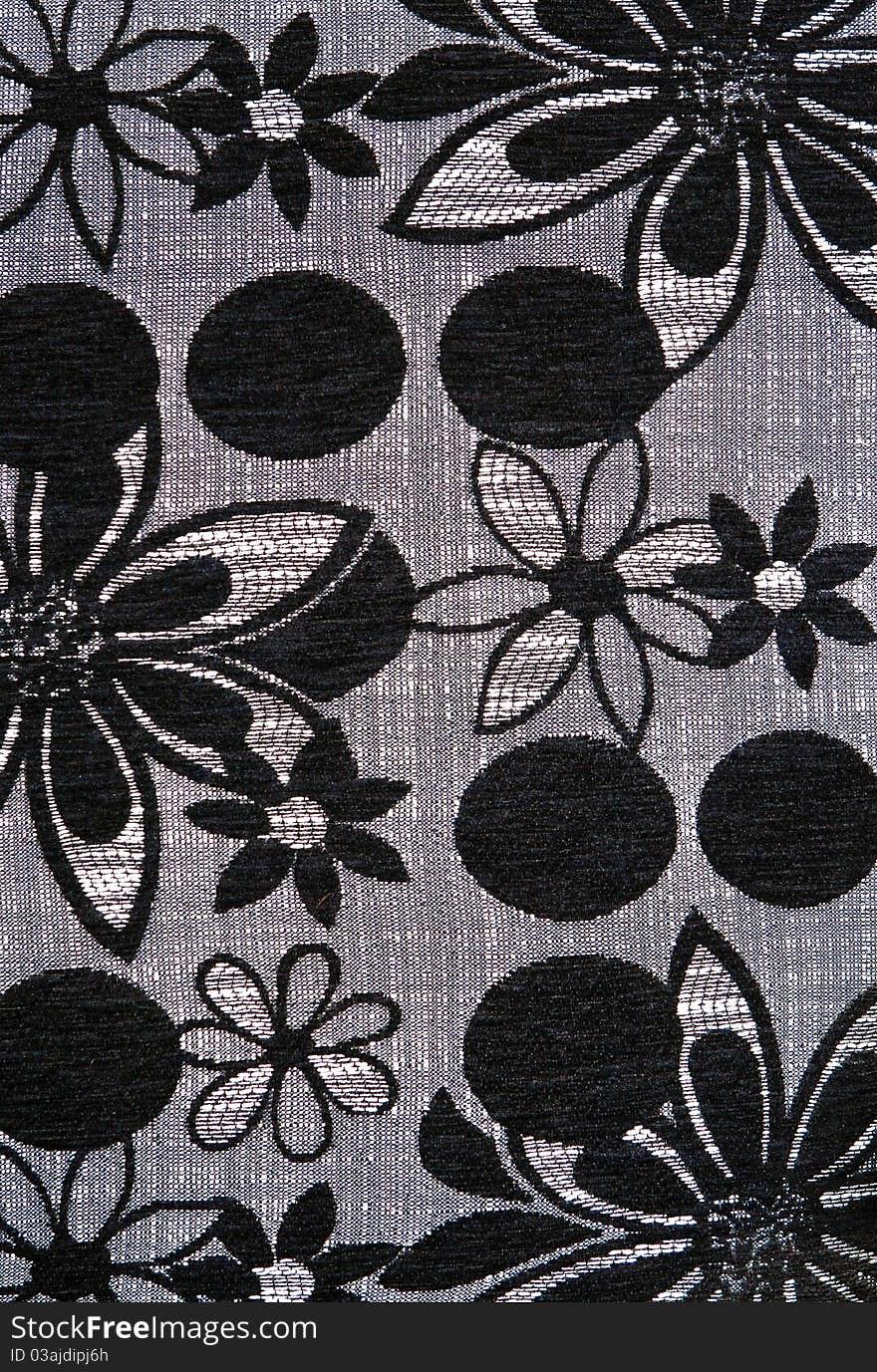 Closeup of retro fabric pattern with black and white floral ornament. Useful for background