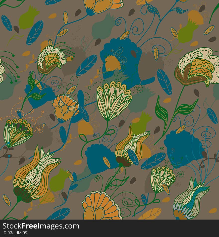 Seamless retro floral pattern in cartoon style