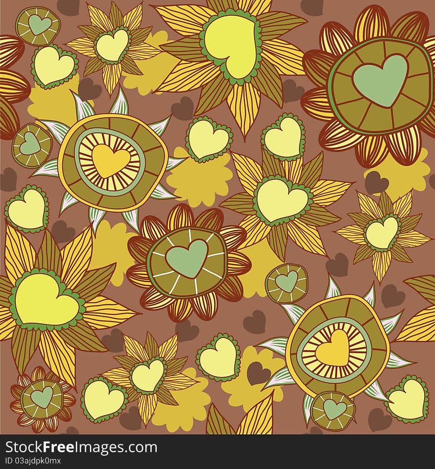 Seamless floral pattern with heart. retro