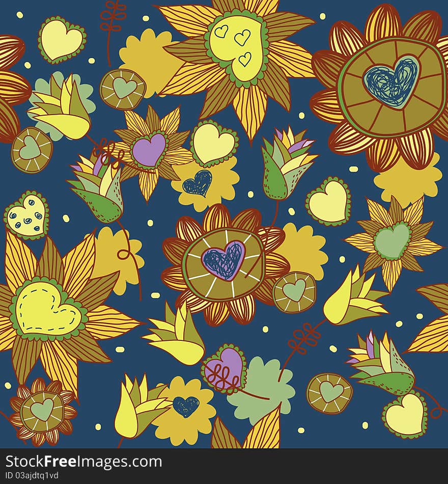 Seamless floral pattern with heart. retro