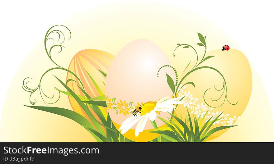 Easter eggs with chamomile and grass. Illustration