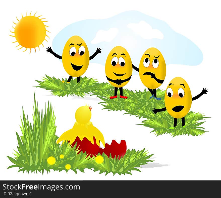 Four emoticon eggs looking in surprise at a chicken coming out from a broken easter red egg, vector format. Four emoticon eggs looking in surprise at a chicken coming out from a broken easter red egg, vector format