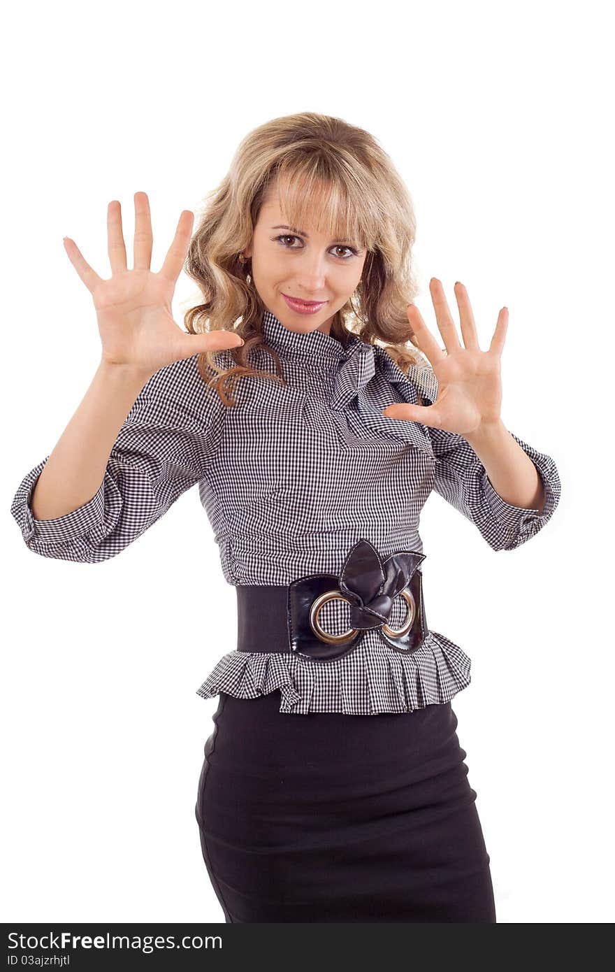 Excited young woman showing high ten fingers