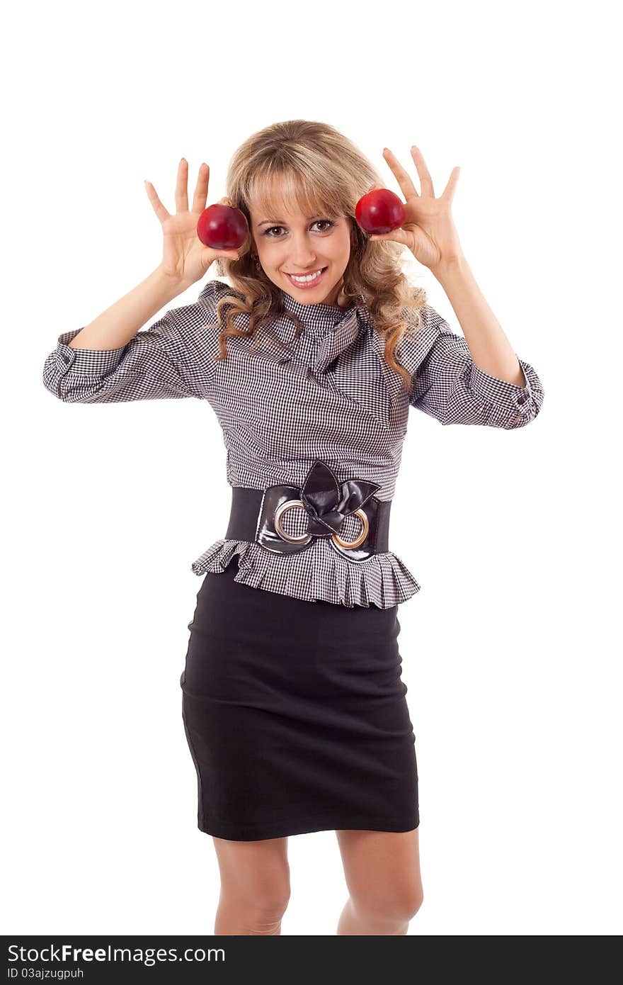 Beautiful girl holding apple on the white background