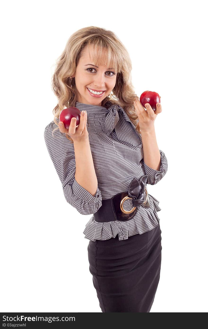 Beautiful girl holding apple on the white background