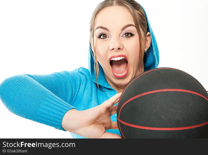 Young woman charging with basketball isolated on white. Young woman charging with basketball isolated on white