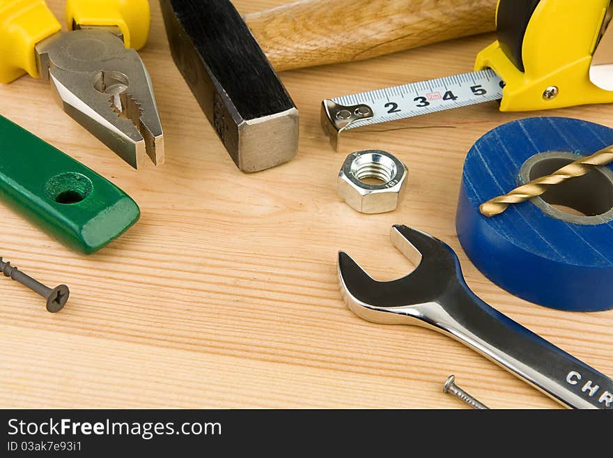 Tools and instruments on wooden texture